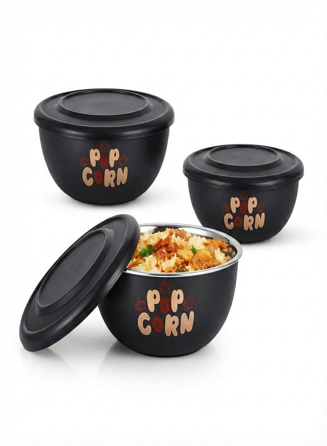 Zaib Microwave Safe Stainless Steel Bowl Set with Lid | Steel Inside Plastic Outside | Stackable Bowls for Snack Serving, Food Storage & Reheating | Multipurpose Kitchen Bowls (Classic Popcorn) - Image 1